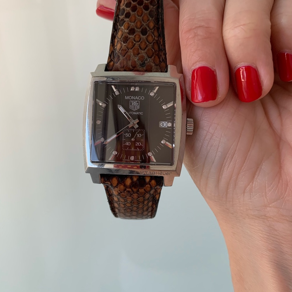 MONACO TAG HEUER 13 diamonds automatic men’s watch. Python skin leather strap. - Picture 8 of 14